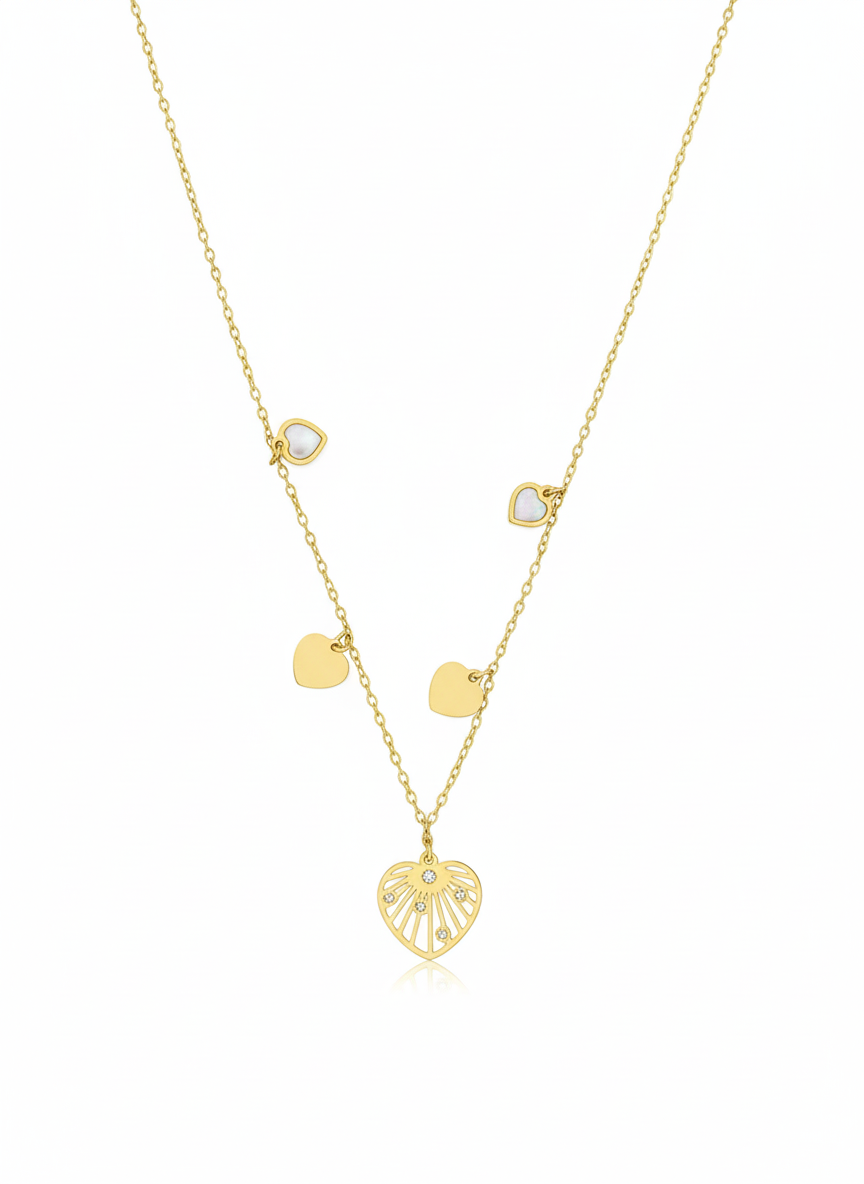 Gold chain with central stylized gold heart-shaped pendant