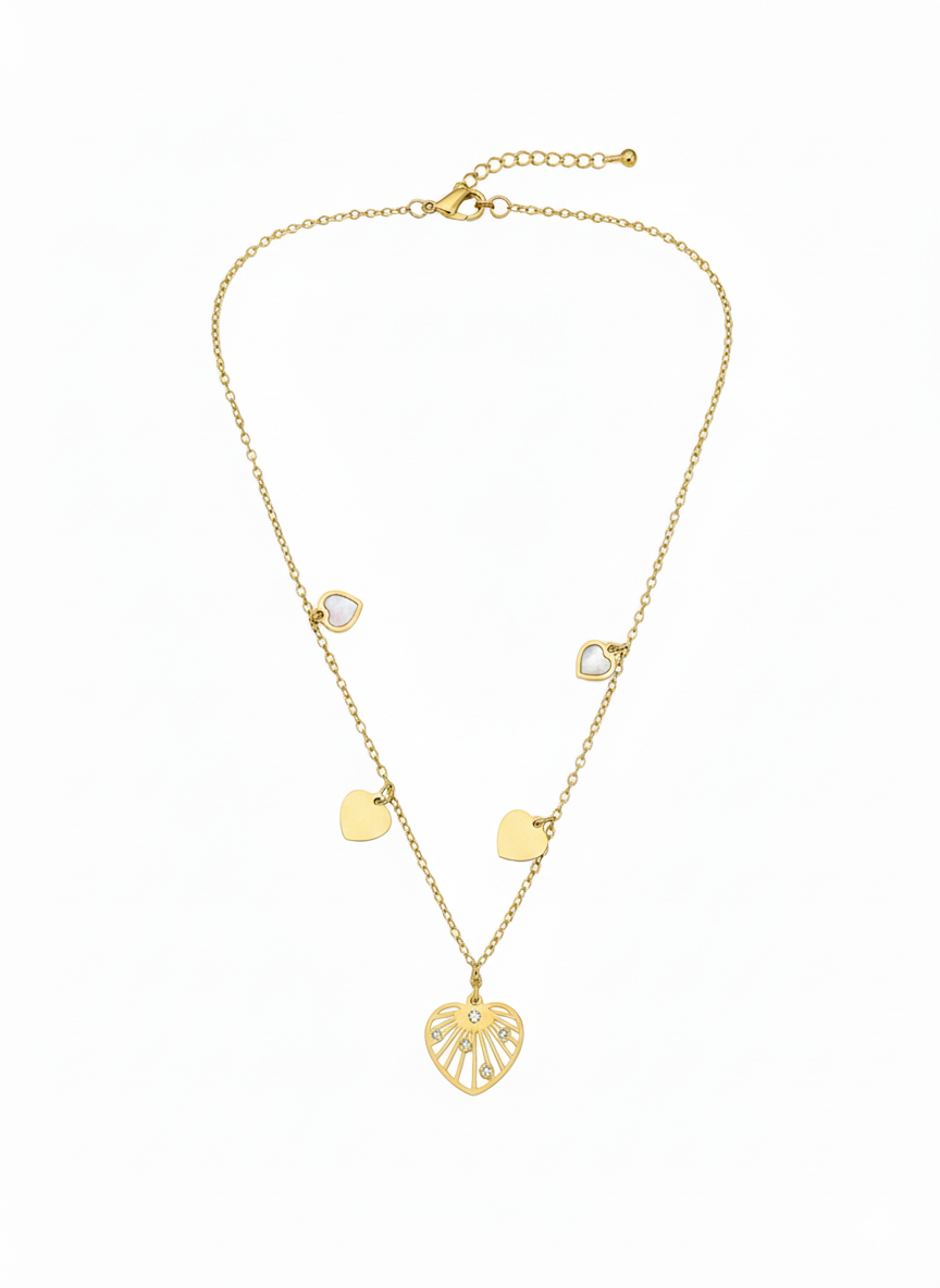 Gold chain with central stylized gold heart-shaped pendant